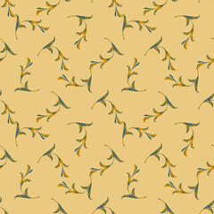 Drawing branches with leaves in yellow colors, plant seamless pattern, nature abstract background vector. Line art botanical illustration graphic design print, fabric. Trendy wallpaper