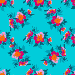Fototapeta premium Drawing branches with flowers roses, bloom in pink colors, floral seamless pattern, nature abstract background vector.Line art botanical illustration graphic design print. Trendy blue bright wallpaper