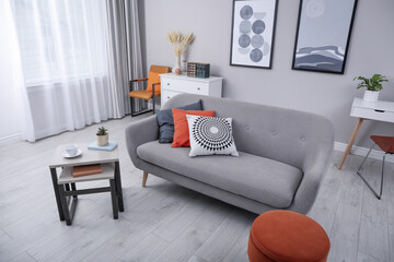 Stylish grey living room interior with comfortable sofa