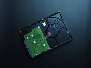 Opened hard drive disk on dark background.