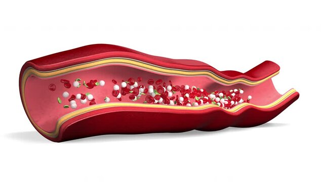Bloodstream, red blood cells, erythrocytes, white blood cells and platelets inactive (green in the picture) in a blood vessel or artery, 3d animation, loop 