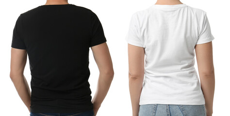 Closeup view of people in t-shirts on white background, collage. Space for design