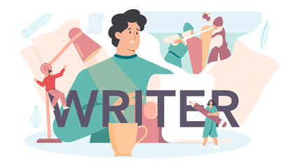 Professional writer typographic header. Author writing script of a novel.