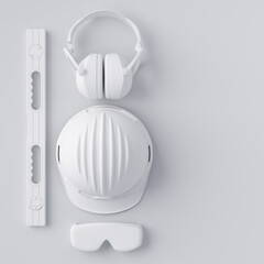 Top view of monochrome construction tools for repair and installation on white