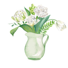 White tulips and ferns bouquet in light green jar