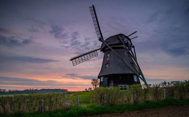 Plakat Historical wind mill Farve in Wrangels by sunset. View toward the Farver mill near Wangels at the Baltic Sea. Holiday home in historical mill.