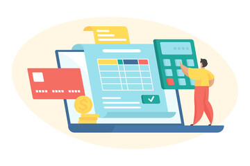 Budget planning flat vector illustration. Tiny male cartoon character standing on huge laptop and calculating budget. Financial management. Personal savings control