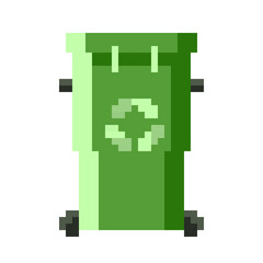 Green trash can on white background, pixel art, print for your design