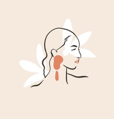 Hand drawn vector abstract stock flat graphic contemporary line art,aesthetic fashion illustration with bohemian,beautiful modern female portrait in simple trendy style isolated on pastel background