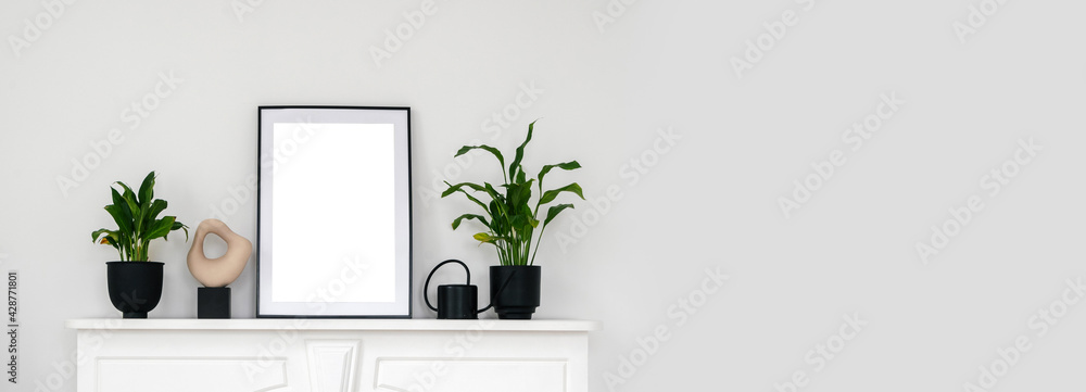 Wall mural houseplants and home decor on shelf above fireplace - Wall murals