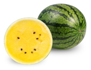 Sweet Yellow Watermelon isolated on white background, Yellow watermelon with Slices on white background With clipping path.