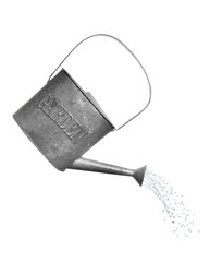 Pouring liquid from watering can on white background