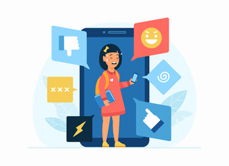 Cyberbullying in social network. Flat vector concept illustration. Cartoon character little depressed teenage girl uses smartphone social apps and crying. Bullying, trolling, internet harassement