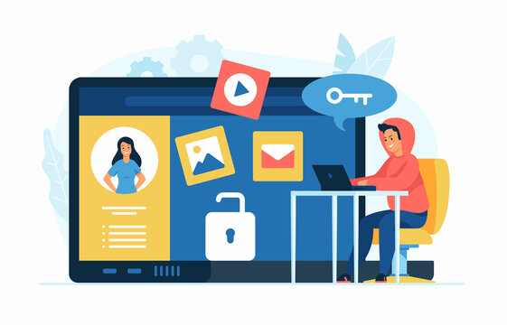 Privacy violation. Doxing concept flat vector illustration. Male cartoon character hacker gathering personal information in social network. Internet harassment. Publication of personal sensitive data