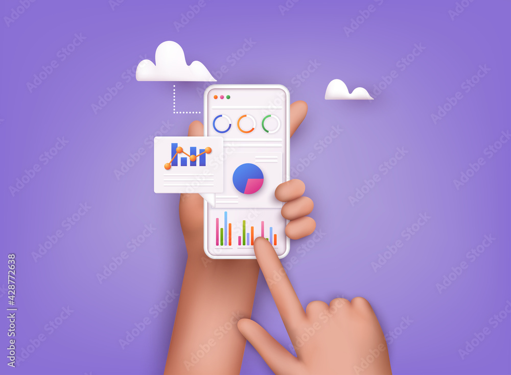 Poster data analytics, dashboard and business finance report. investment or website seo screen concept. 3d 