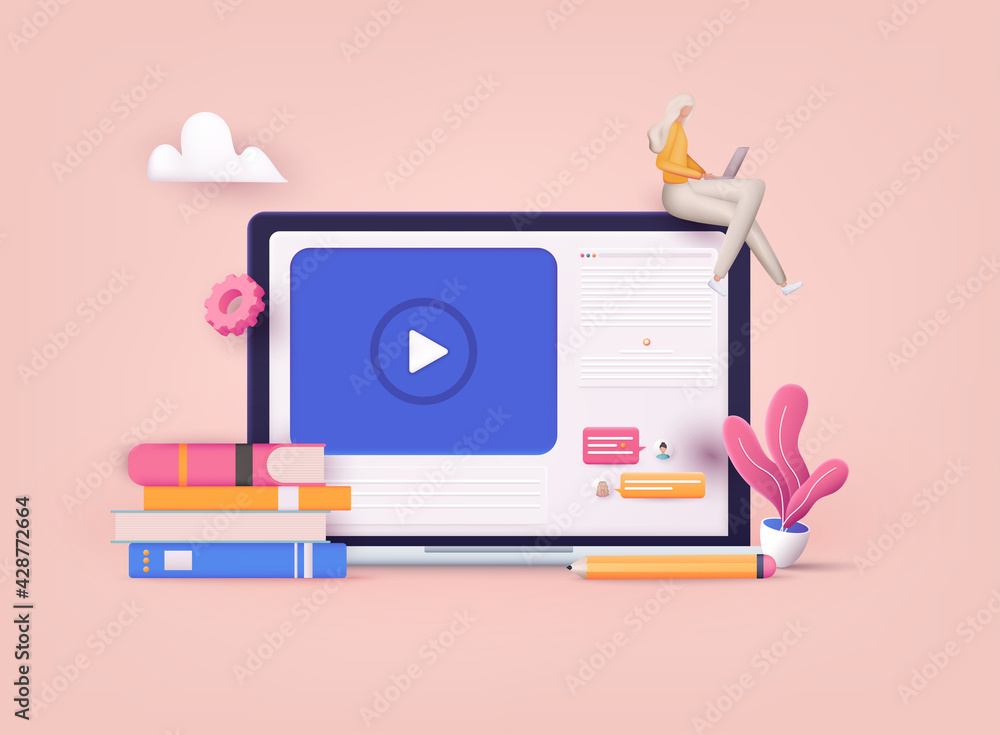 Poster online education on website. application learning. computer with open pages. 3d vector illustrations