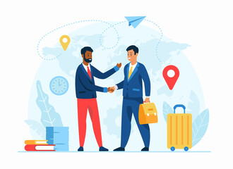 Work abroad concept flat vector illustration. Human resources agency. Male cartoon character employer welcomes new foreign worker. International recruiting. Expat work. Job for migrants
