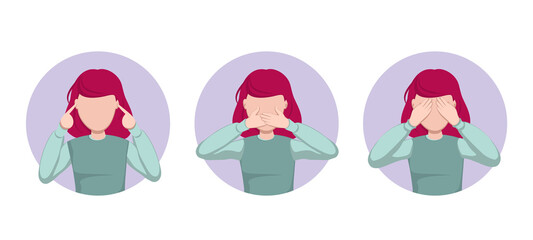 icon set girl covers her ears, mouth and eyes with her hands. Rumors, I don't see, I don't hear, I don't say anything