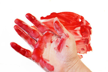 hand and red blood isolated on white background. Blood Drops and splashes. Can be used on halloween...