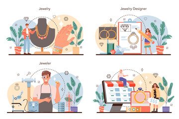 Jeweler concept set. Goldsmith examining and faceting diamond