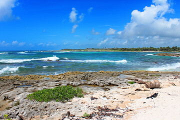 Wide rocky beach with turquoise waters of Caribbean sea in summer sunny day. Caribbean coast in the Playa del Carmen, Riviera Maya, Quintana Roo, Mexico. Soft focus