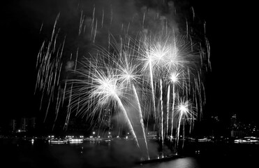Fantastic fireworks exploding in to a night sky over the bay in monochrome	