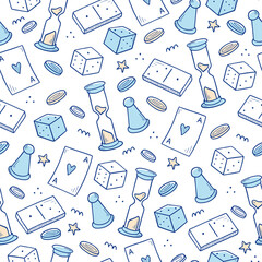 Hand drawn seamless pattern of board game element, cards, chess, hourglass, chips, dice, dominoes. Doodle sketch style. Isolated vector illustration for for board game shop, store.