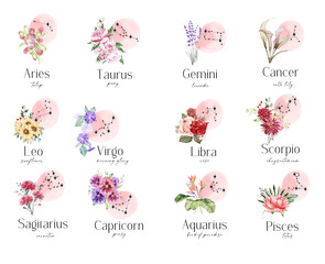 Watercolor floral zodiac clipart, Constellation clipart, Celestial clipart with hand drawn flowers boho diy elements