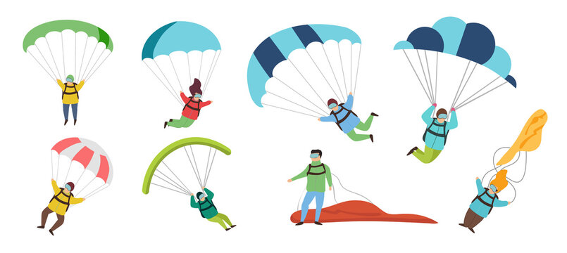 Parachutists vector illustrations set. Flat vector set of professional skydivers