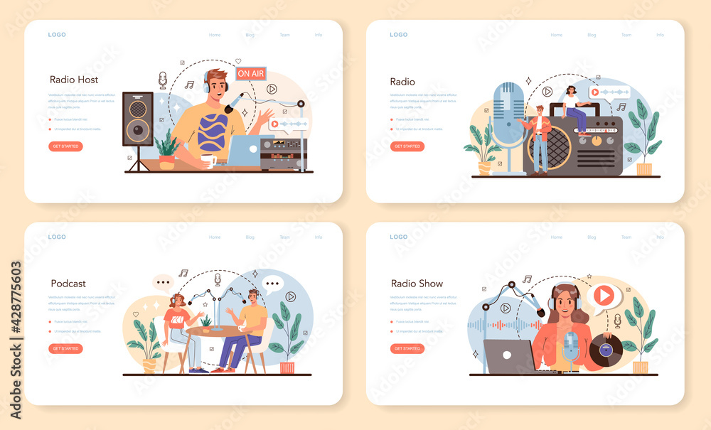 Poster radio host web banner or landing page set. idea of news broadcasting