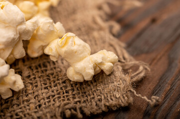 Popcorn scattered on the table. Self-isolation in the covid-19 pandemic.