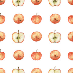 Watercolor seamless pattern with illustration of fruits (apples). Healthy food background - hand-drawn.
