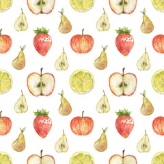 Watercolor pattern with illustration of fruits and berries (apples, pears, strawberries, lemon) - hand-drawn.