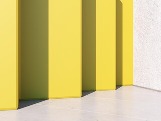 Abstract architectural backdrop - 3D, render. Bright details of the facade of modern building on blue sky background with copy space. Modern minimal illustration of rhythmic objects with sun shadow.