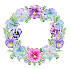 Naklejka na ściany i meble Watercolor frame made of Viola and leaves, Spring clip art, white wildflowers on an isolated background.