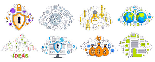 Business and finance theme different vector illustrations set with a lot of simple icons, trendy design drawings commercial theme collection, diversity of symbols and signs.