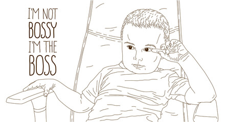 Cute little boy kid sitting in office chair self confident like bog boss vector illustration, funny businessman bossy child, director and powerful leader humorous concept.