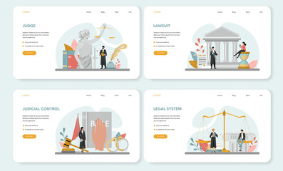 Judge web banner or landing page set. Court worker stand for justice