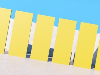 Abstract architectural backdrop - 3D, render. Bright details of the facade of modern building on blue sky background with copy space. Modern minimal illustration of rhythmic objects with sun shadow.