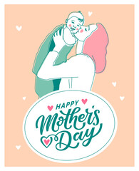 Happy Mother's Day text. Woman and a child. Vintage style vector illustration. Line art