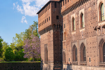 Fototapeta na wymiar Old medieval Sforza Castle details,sunny day and clouds,Milan ,Italy.