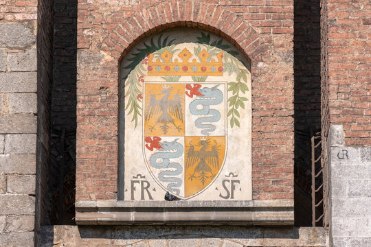 Coat of arms of the Visconti family in the Sforza Castle. Milan, Italy