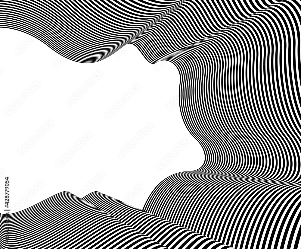 Poster abstract vector 3d lines background, black and white curves linear perspective dimensional optical p