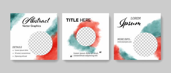 Set of abstract watercolor social media layouts with red and blue accent, square sale template for instagram, brush vector background	
