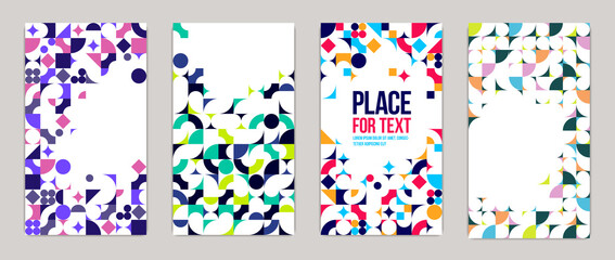 Geometric design covers vector set, colorful modular constructor design backgrounds, flyer templates in retro 70s style, art pattern square and circle shapes.