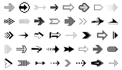 Arrow symbols big set of different shapes styles and concepts, cursors for icons or logo creation, single color monochrome logotypes.