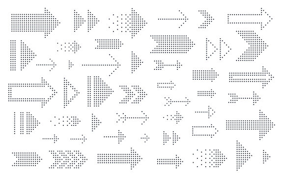 Dotted Arrows Big Vector Set Of Icons Or Logos, Collection Of Direction Cursors Made With Dots, Perforated Symbols, Different Shapes Arrows For Graphic Design Usage.