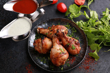Fried chicken legs with fresh herbs, coriander, vegetables, onions, spices and sauces on a black plate. Background image, copy space