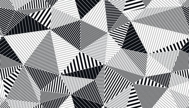 Polygonal linear black and white seamless pattern, graphic monochrome low poly striped endless wallpaper background.