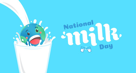National milk day flat design vector illustration.World smiling and cheerful cartoon jumping on a glass of pouring splahing milk to join the celebration milk day festival
